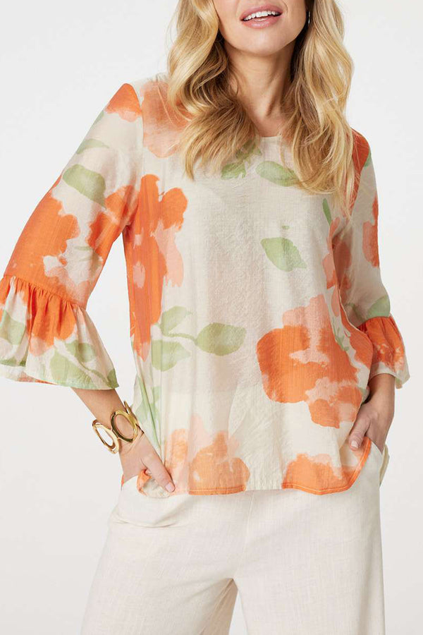 MULTI ORANGE | Floral Flute Sleeve High Low Blouse