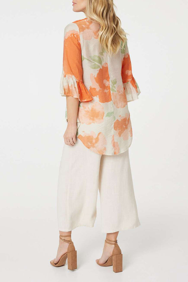 MULTI ORANGE | Floral Flute Sleeve High Low Blouse