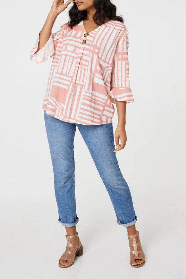 PINK | Geo Print 3/4 Frill Sleeve Relaxed Blouse
