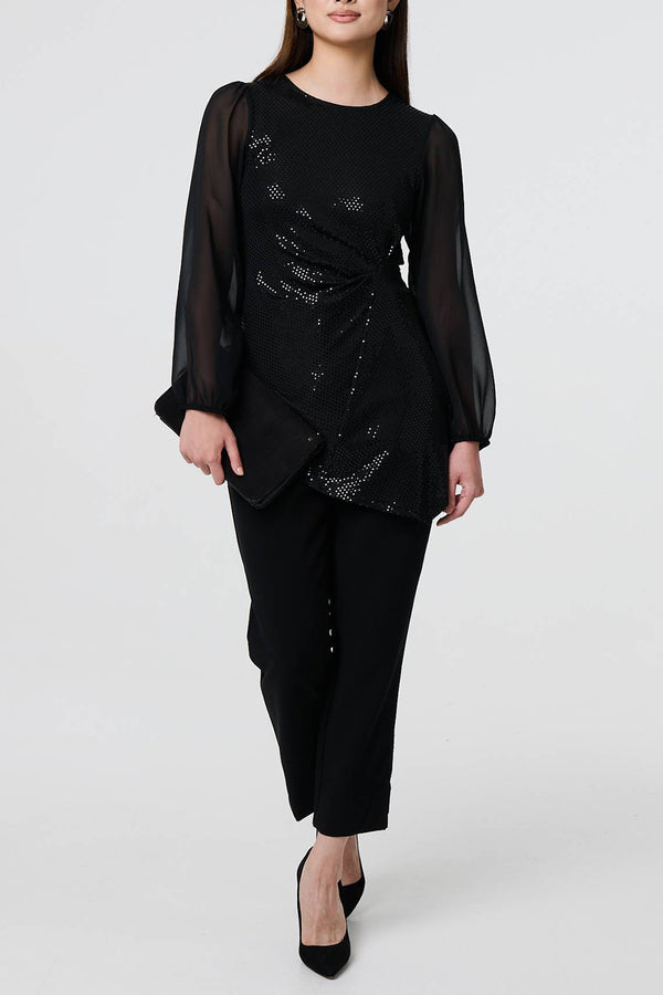 BLACK | Sparkly Semi Sheer Asymmetric Blouse