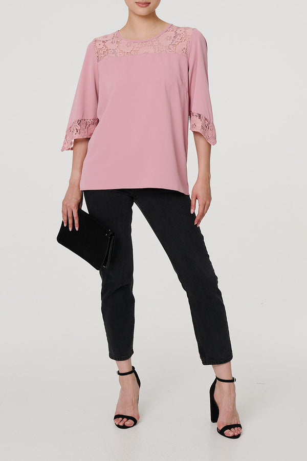 PINK | Lace Trim 3/4 Flare Sleeve Relaxed Blouse