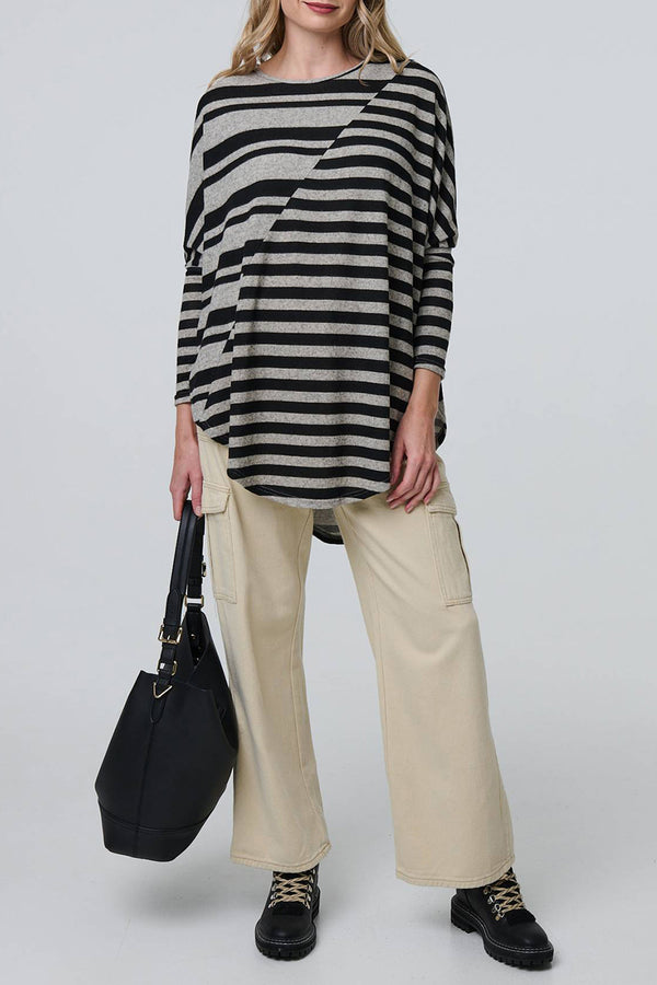 BLACK AND GREY | Striped Long Sleeve Drop Shoulder Tunic