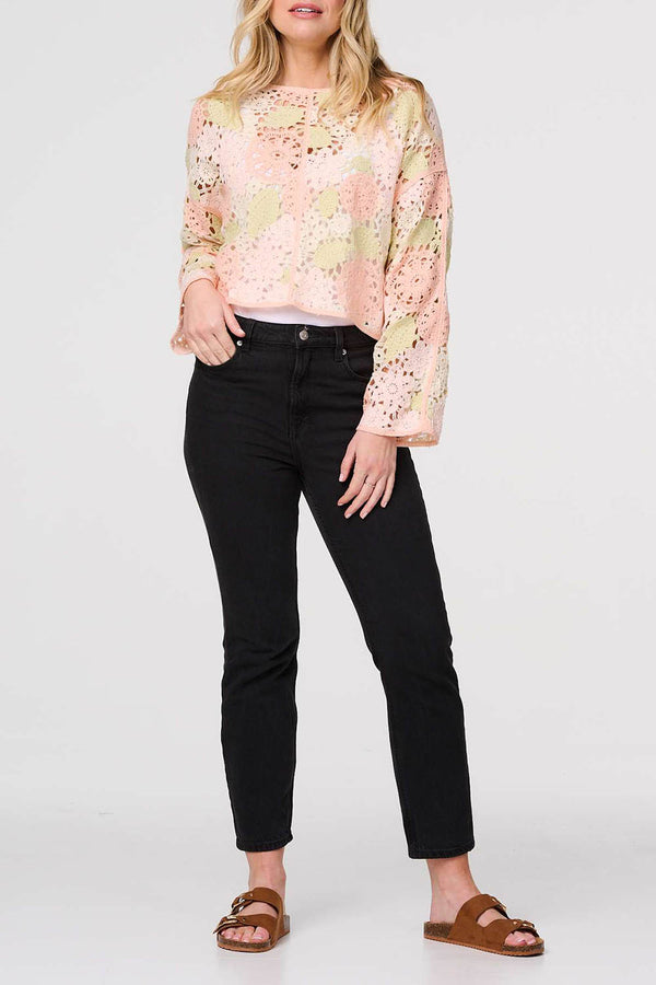 MULTI PINK | Floral Lace Long Sleeve Crochet Top