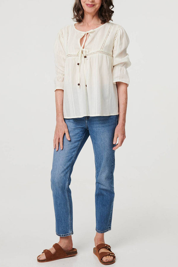 WHITE | Lace Trim Keyhole Neck 3/4 Sleeve Blouse