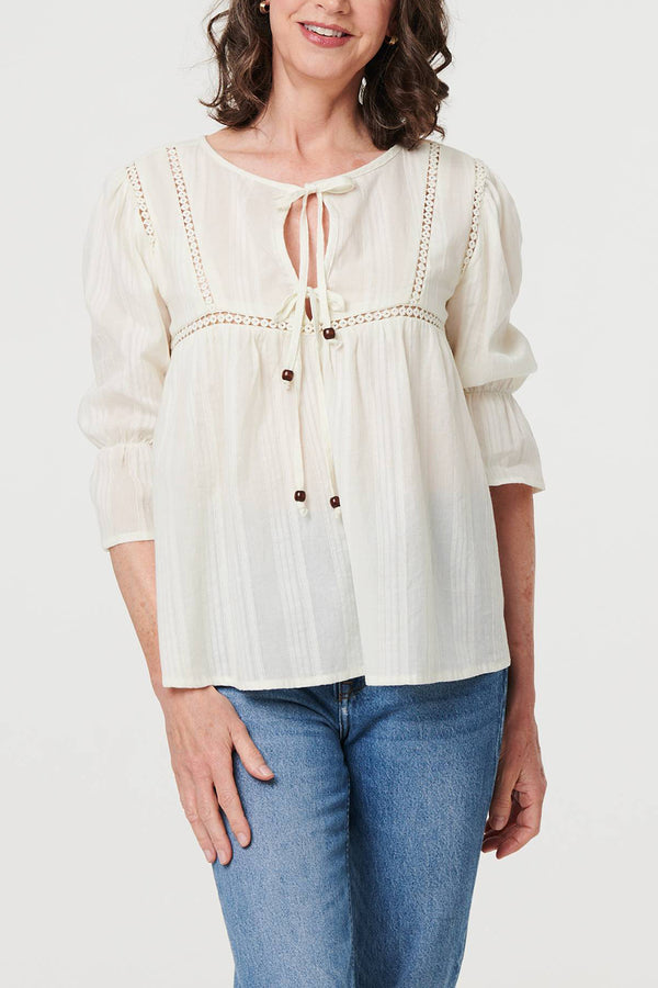 WHITE | Lace Trim Keyhole Neck 3/4 Sleeve Blouse