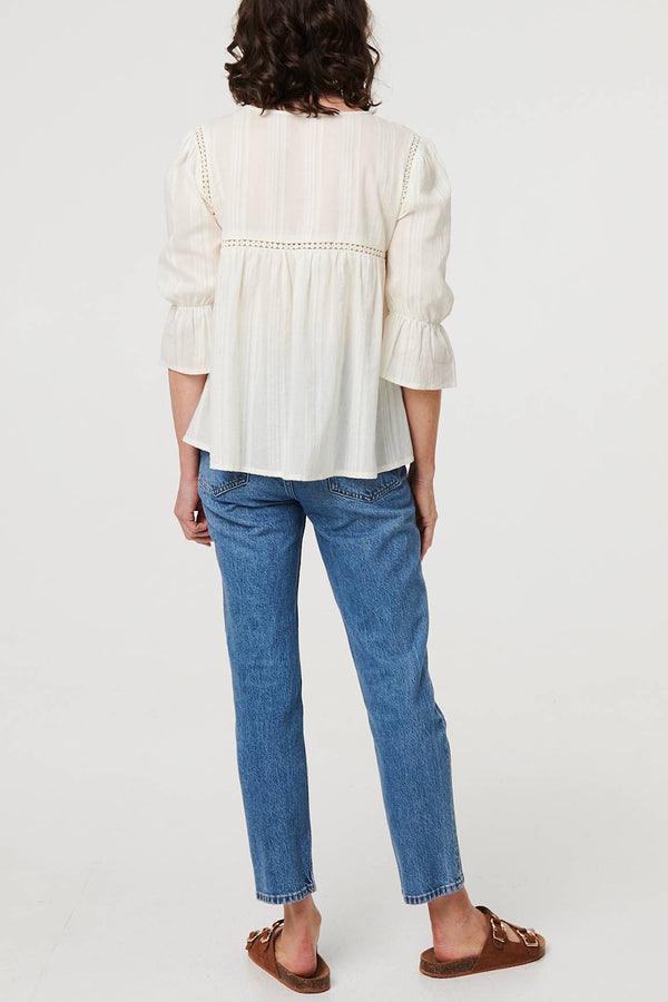 WHITE | Lace Trim Keyhole Neck 3/4 Sleeve Blouse