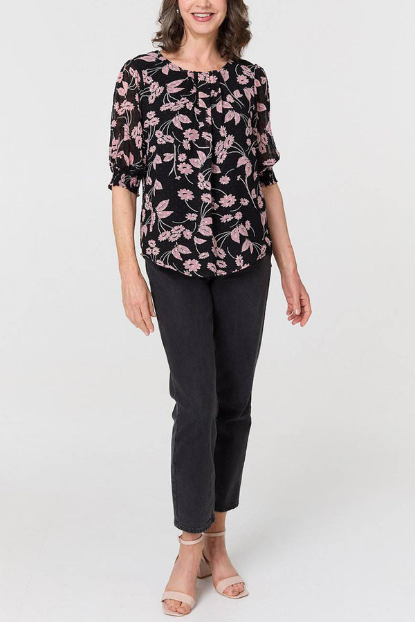 MULTI BLACK | Pleat Front 1/2 Sleeve Relaxed Blouse