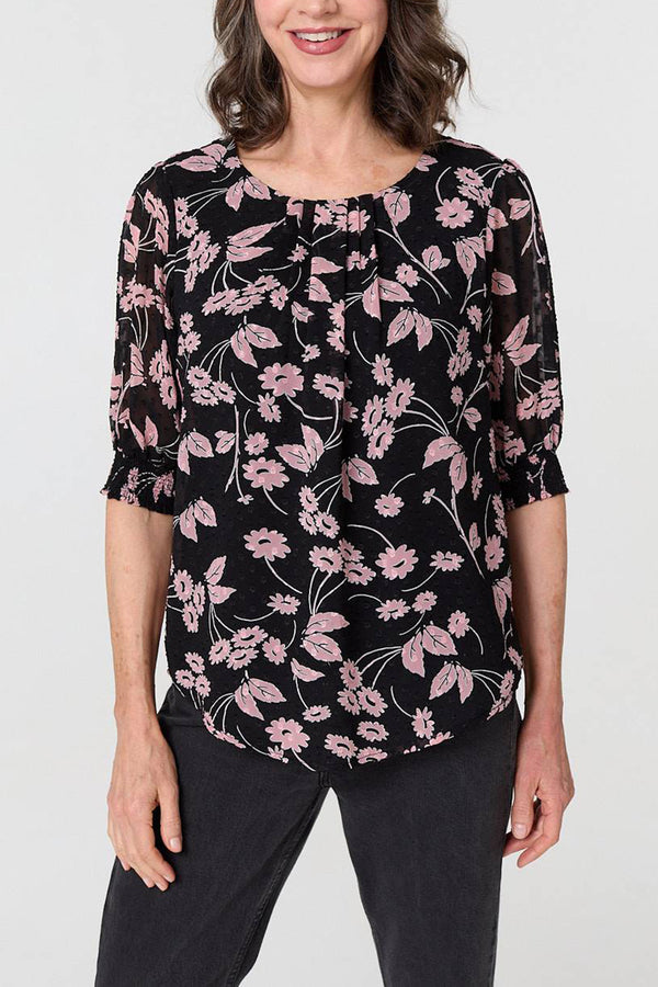 MULTI BLACK | Pleat Front 1/2 Sleeve Relaxed Blouse