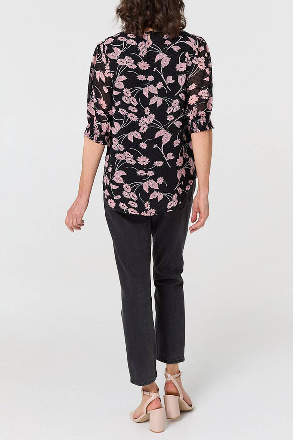 MULTI BLACK | Pleat Front 1/2 Sleeve Relaxed Blouse