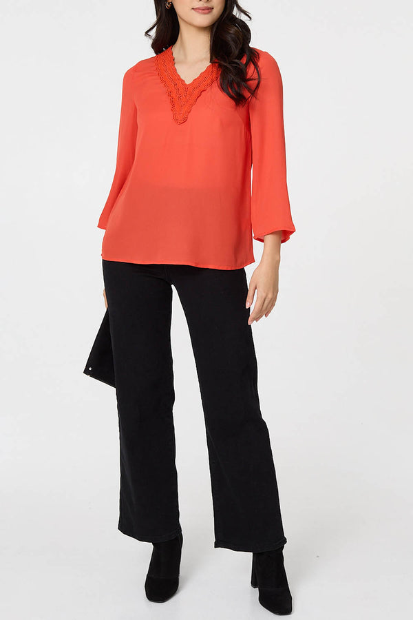 Lace Trim 3/4 Sleeve Layered Blouse| ORANGE