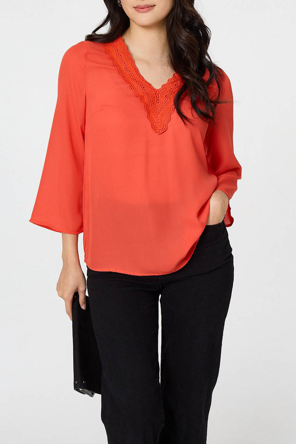 Lace Trim 3/4 Sleeve Layered Blouse| ORANGE