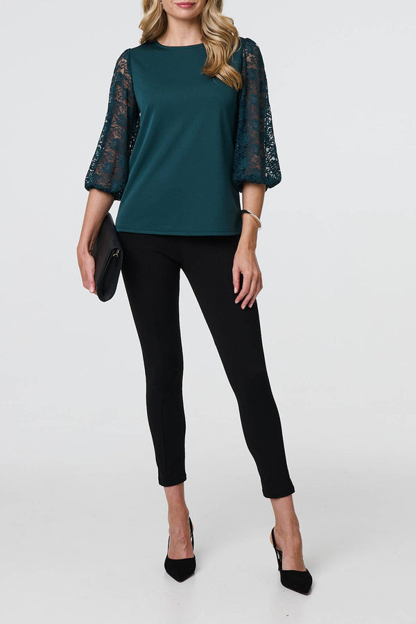 PINE | Floral Lace 3/4 Puff Sleeve Blouse