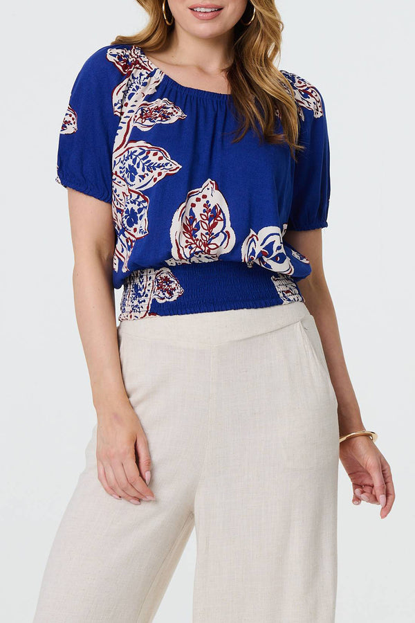 BLUE | Leaf Print Puff Sleeve Bardot Crop Top
