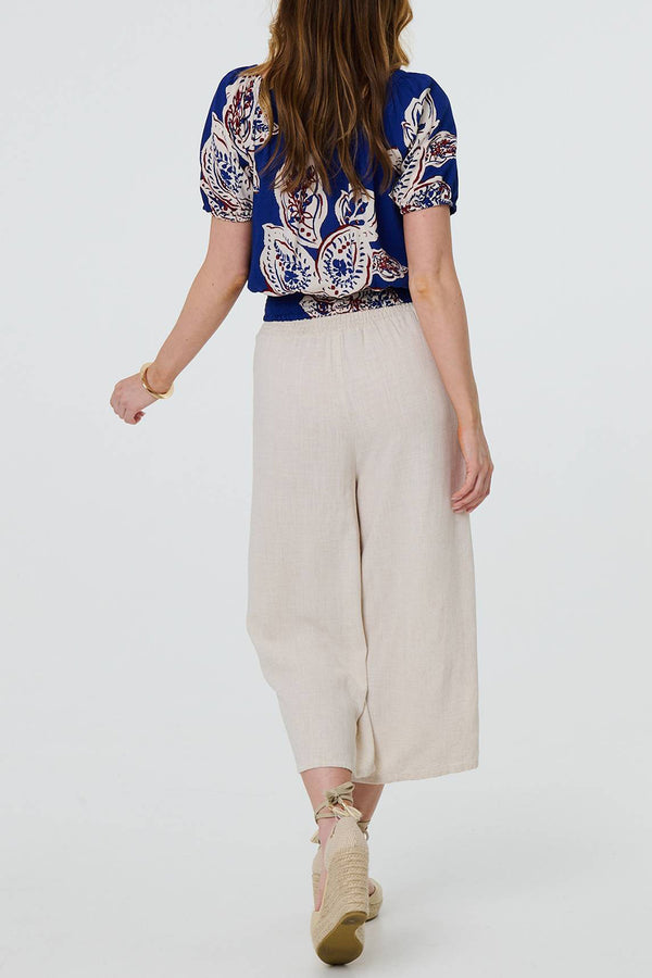 BLUE | Leaf Print Puff Sleeve Bardot Crop Top