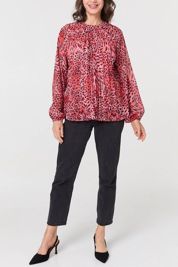 MULTI PINK | Animal Print Ruched Long Sleeve Blouse