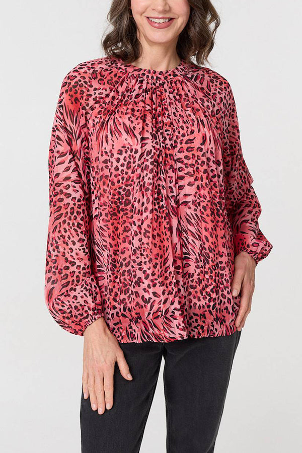 MULTI PINK | Animal Print Ruched Long Sleeve Blouse