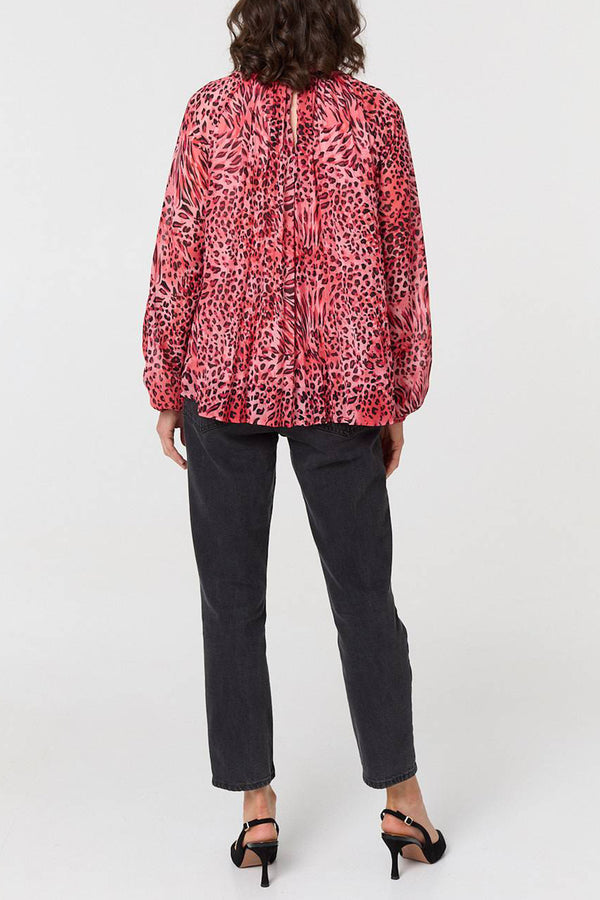 MULTI PINK | Animal Print Ruched Long Sleeve Blouse