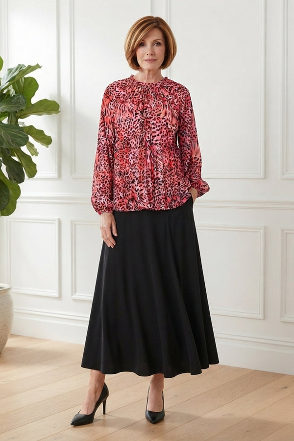 Animal Print Ruched Long Sleeve Blouse| MULTI PINK