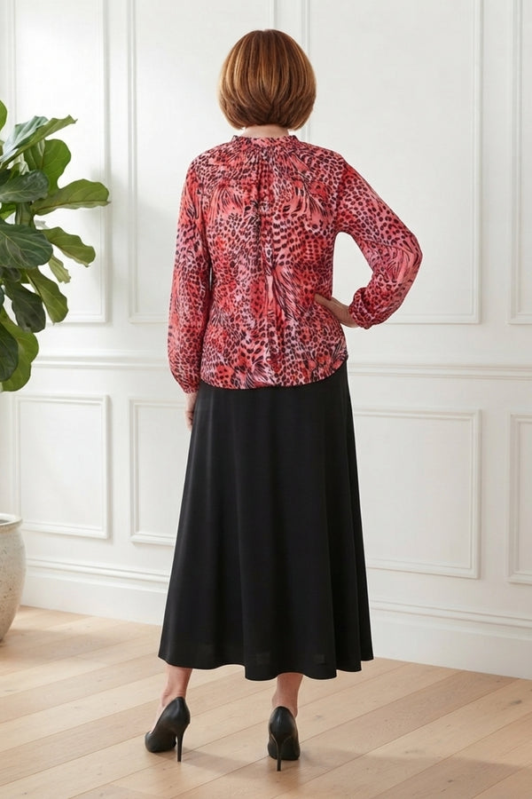 Animal Print Ruched Long Sleeve Blouse| MULTI PINK