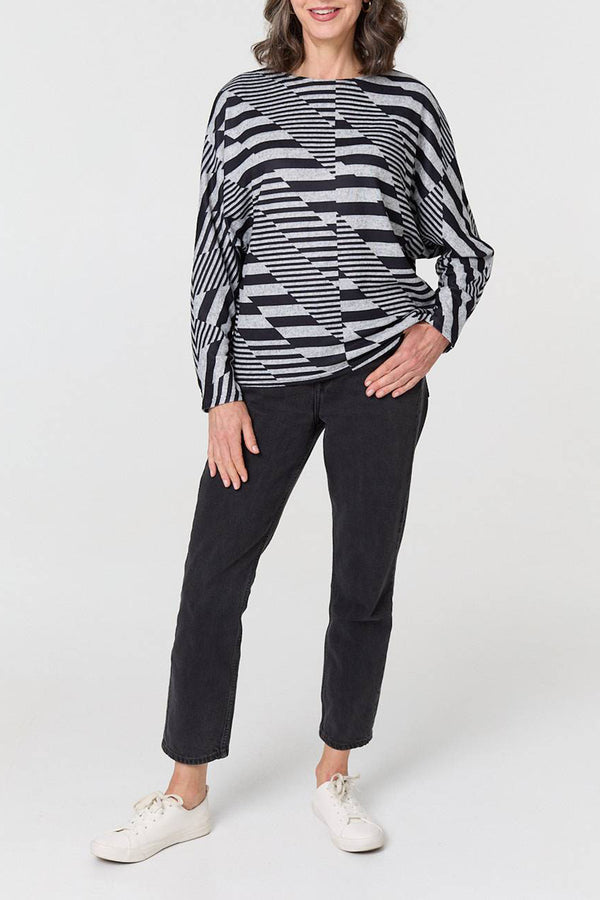 GREY | Geo Print Batwing Sleeve Relaxed Top