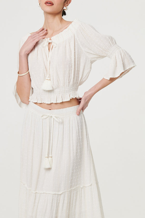 WHITE | Textured Tie Waist Tiered Maxi Skirt