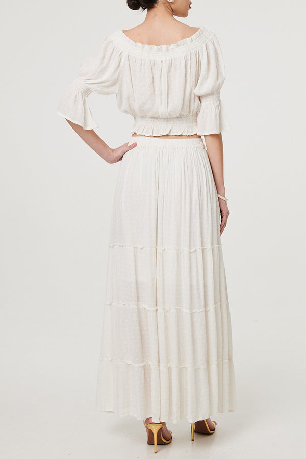 WHITE | Textured Tie Waist Tiered Maxi Skirt