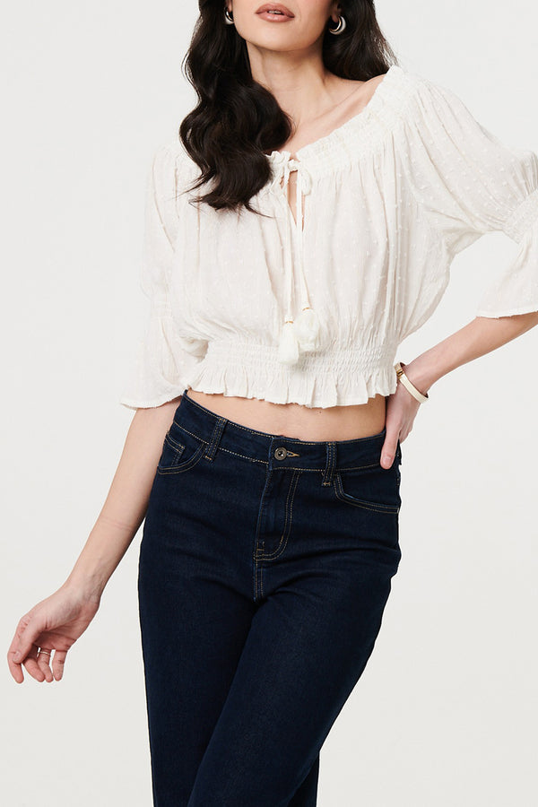 WHITE | Textured Flared Sleeve Bardot Crop Top