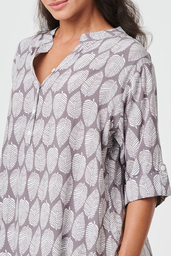 GREY | Leaf Print 3/4 Sleeve Curve Hem Tunic