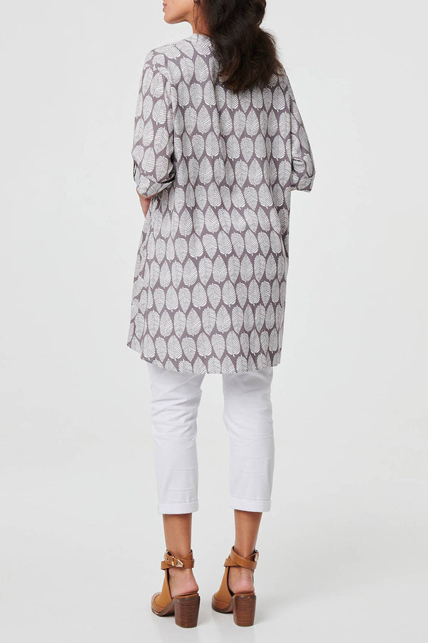 GREY | Leaf Print 3/4 Sleeve Curve Hem Tunic