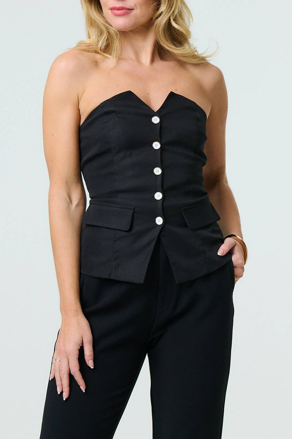 BLACK | Button Front Fitted Waistcoat Vest Top