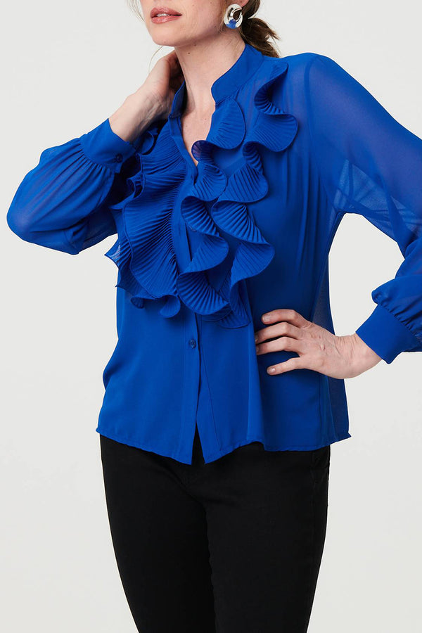 BLUE | Semi Sheer Ruffle Front V-Neck Blouse