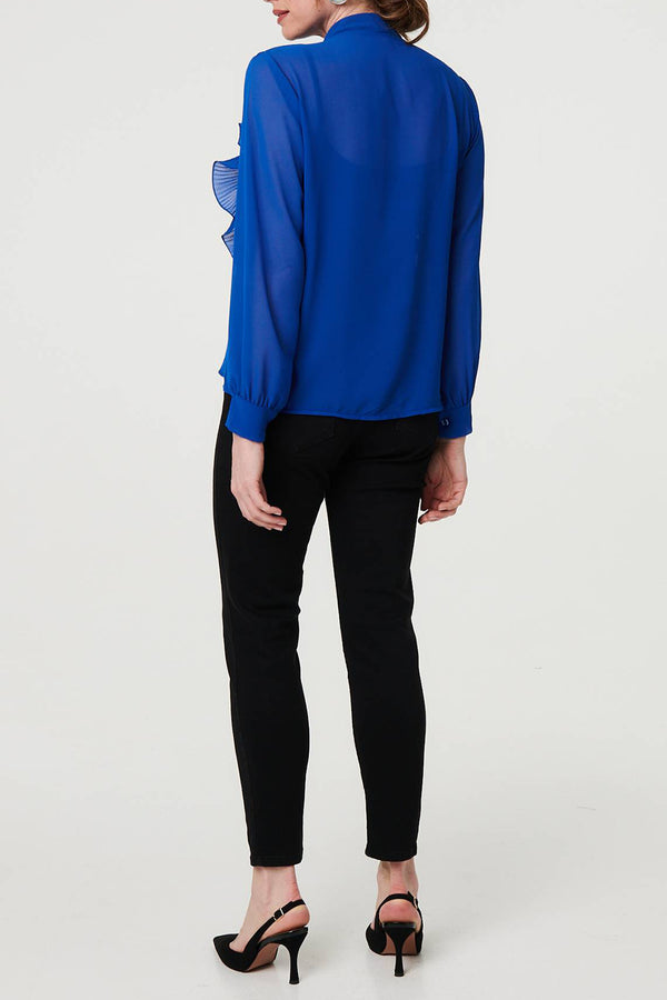 BLUE | Semi Sheer Ruffle Front V-Neck Blouse
