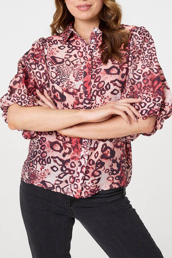 RED | Animal Print 3/4 Puff Sleeve Shirt
