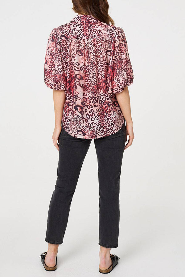 RED | Animal Print 3/4 Puff Sleeve Shirt
