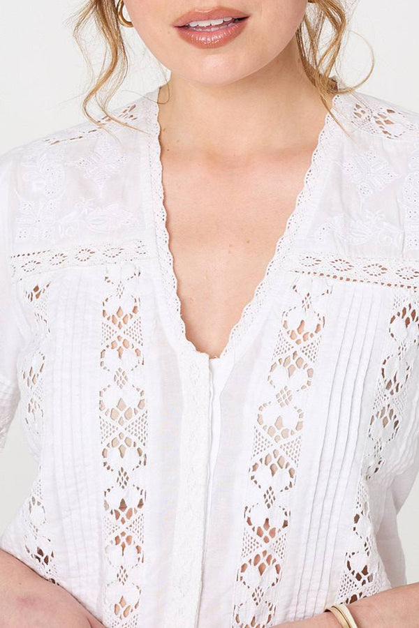 WHITE | Lace Trim 3/4 Puff Sleeve Blouse
