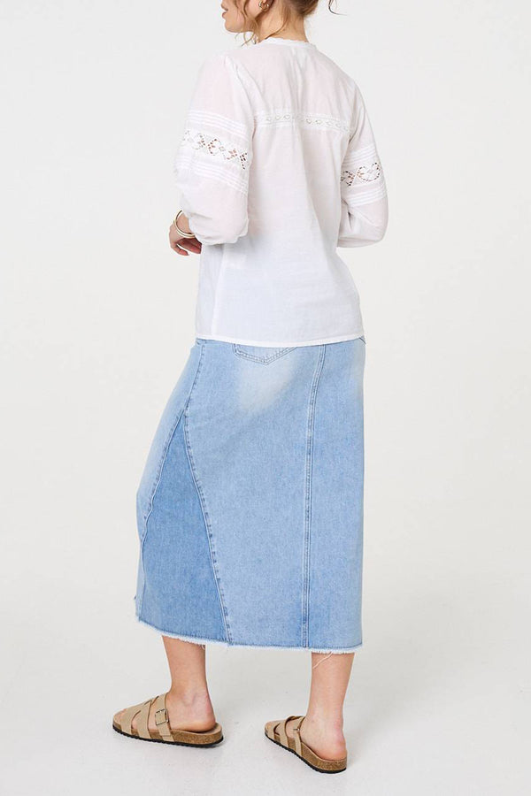 WHITE | Lace Trim 3/4 Puff Sleeve Blouse