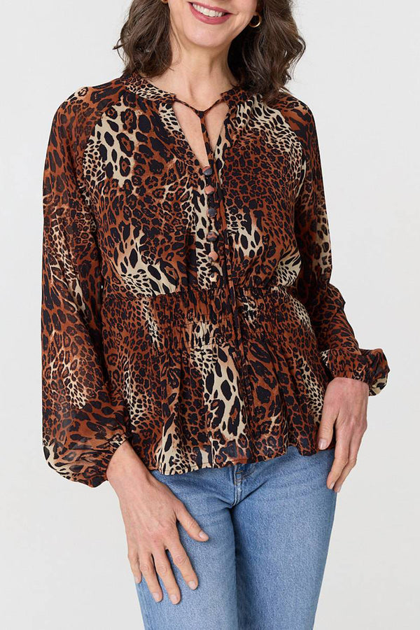 MULTI BROWN | Animal Print Peplum Blouse