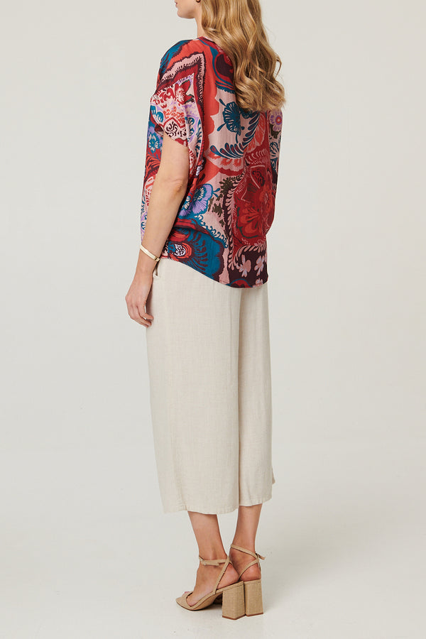 MULTIRED / Printed Semi Sheer Layer Relaxed Blouse