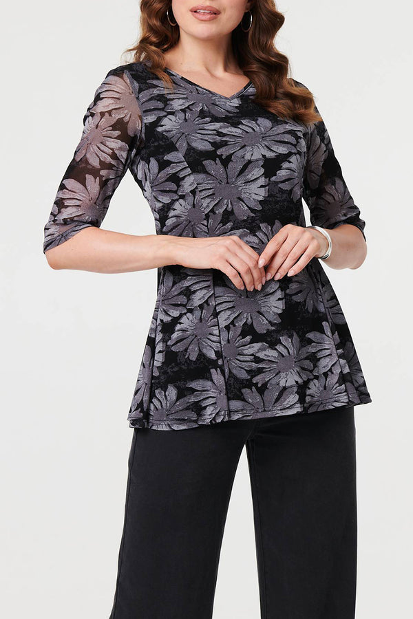 BLACK| Floral Layered Relaxed Peplum Blouse