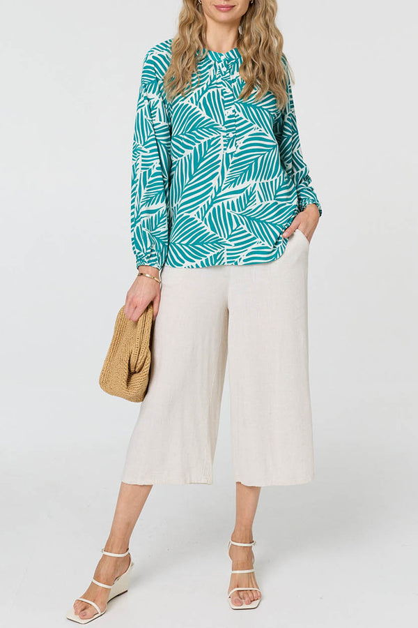 Leaf Print Long Sleeve Buttoned Blouse| GREEN