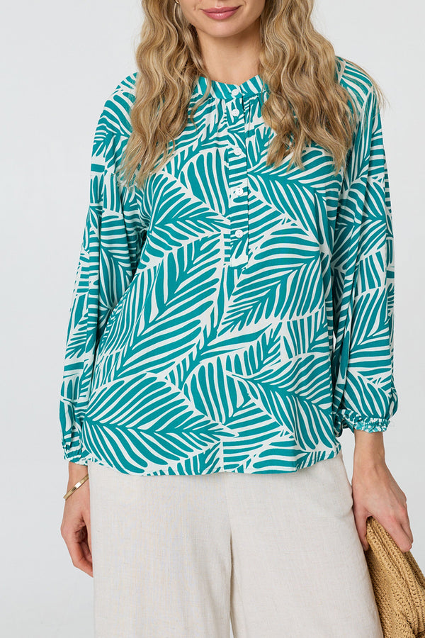 Leaf Print Long Sleeve Buttoned Blouse| GREEN