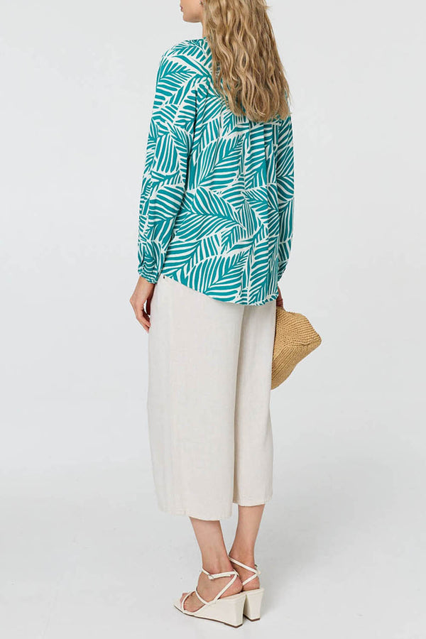 Leaf Print Long Sleeve Buttoned Blouse| GREEN