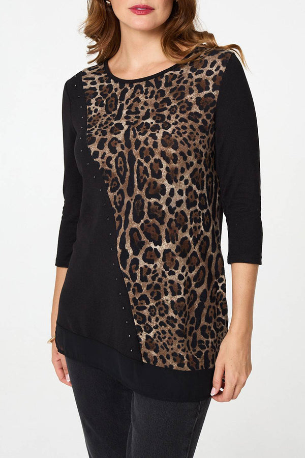 MULTI BLACK| Animal Print Embellished Tunic Top