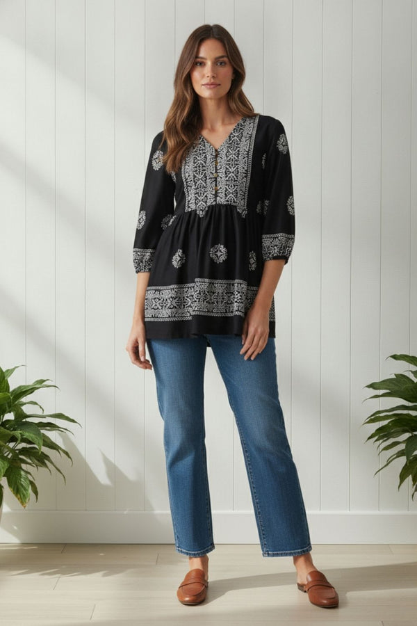 Printed Relaxed 3/4 Sleeve Blouse| BLACK