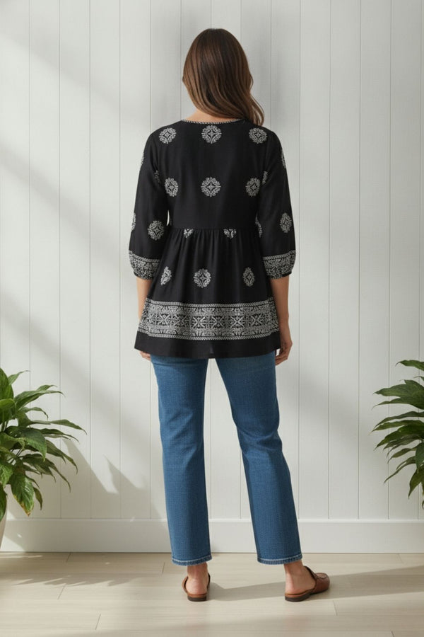 Printed Relaxed 3/4 Sleeve Blouse| BLACK