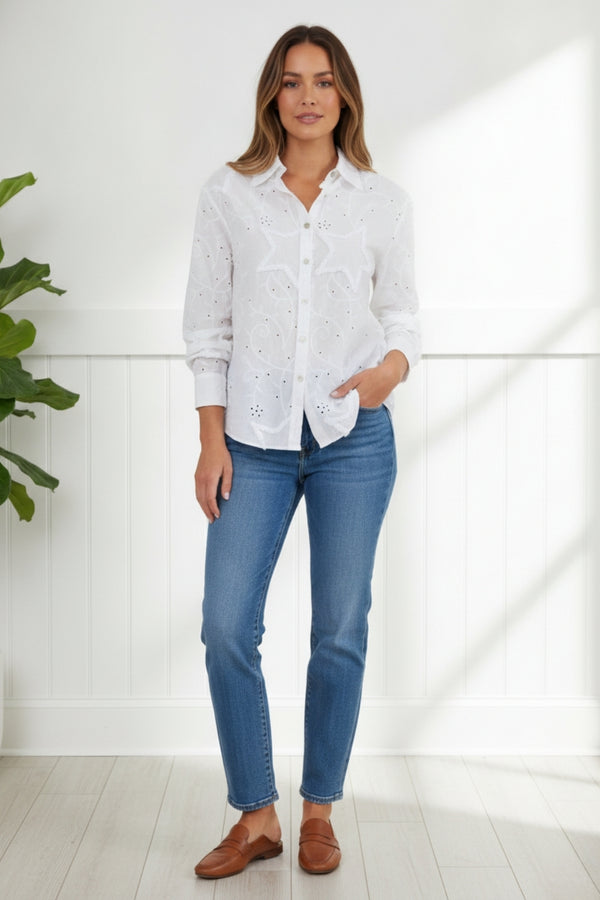 Star Embroidered Long Sleeve Shirt| WHITE