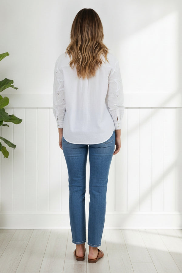 Star Embroidered Long Sleeve Shirt| WHITE