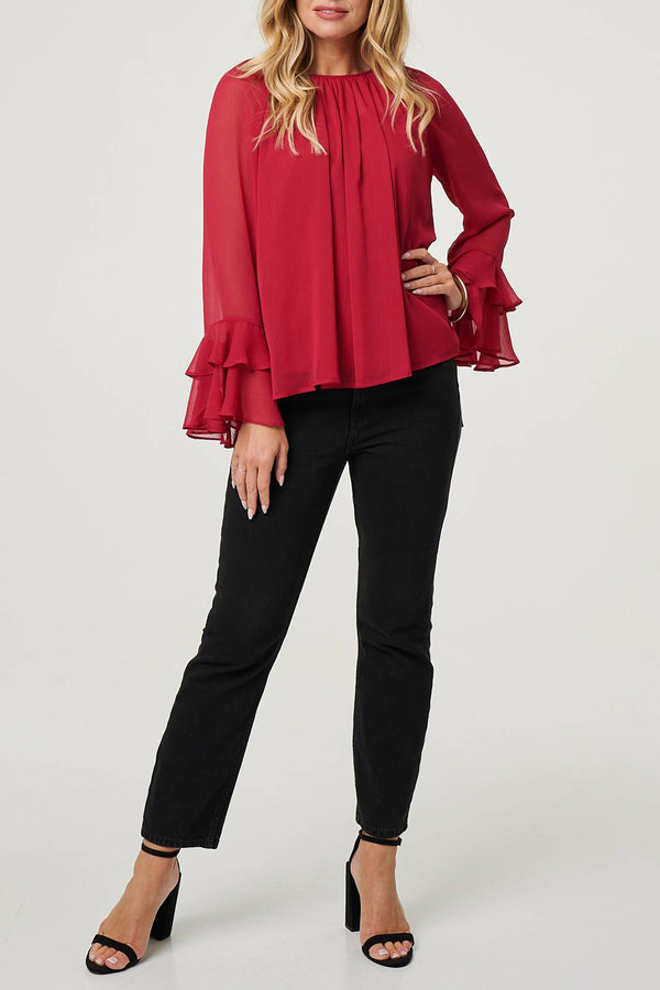 RED| Ruffled Sleeve Loose Fit Blouse