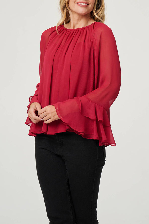 RED| Ruffled Sleeve Loose Fit Blouse