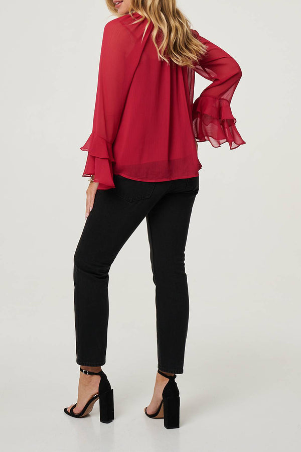 RED| Ruffled Sleeve Loose Fit Blouse